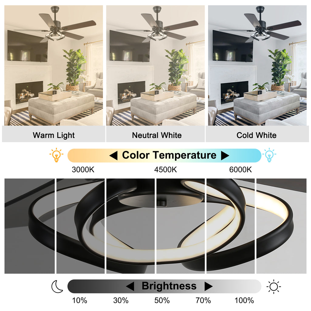 52 Inch Black/Chrome Modern Ceiling Fan with Led Light and Remote Control, 6 Speeds DC Motor Reversible Ceiling Fan for Living Room