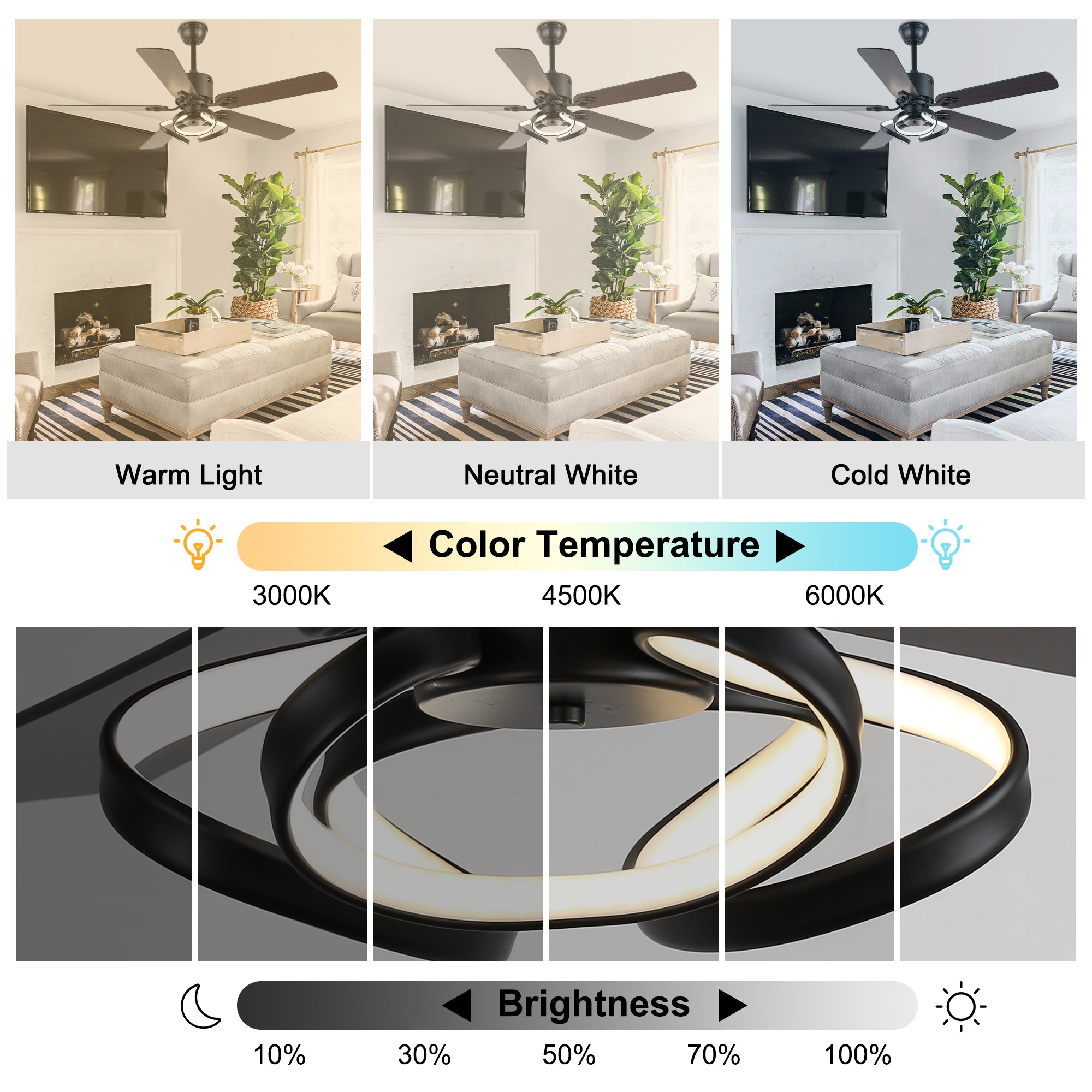 52 Inch Black/Chrome Modern Ceiling Fan with Led Light and Remote Control, 6 Speeds DC Motor Reversible Ceiling Fan for Living Room