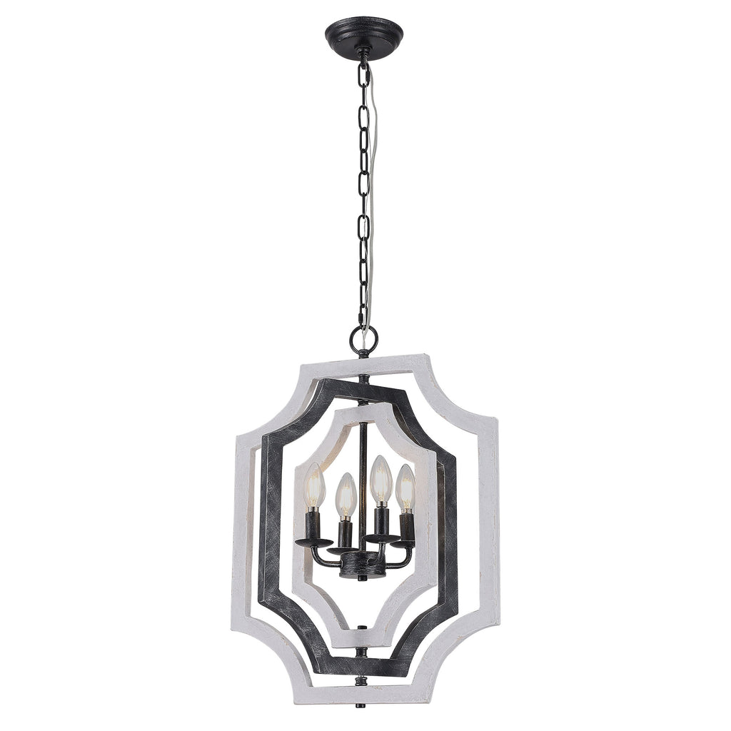 4 - Lights Distressed Wood Chandelier with Adjustable Chain, 16.9" Geometric Chandelier for Entryway with DIY Shade