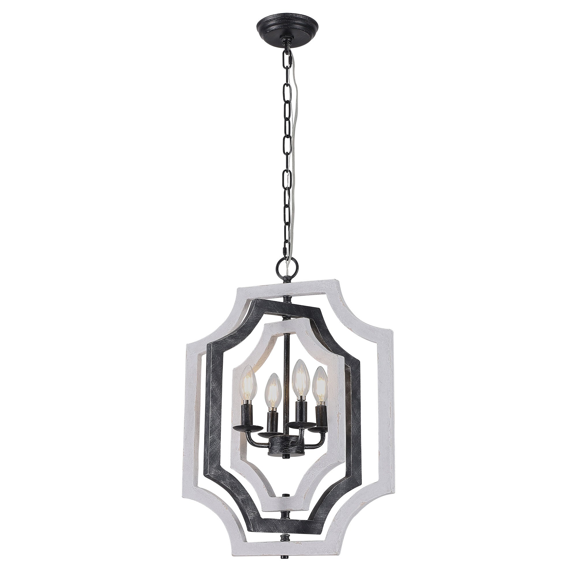 4 - Lights Distressed Wood Chandelier with Adjustable Chain, 16.9" Geometric Chandelier for Entryway with DIY Shade