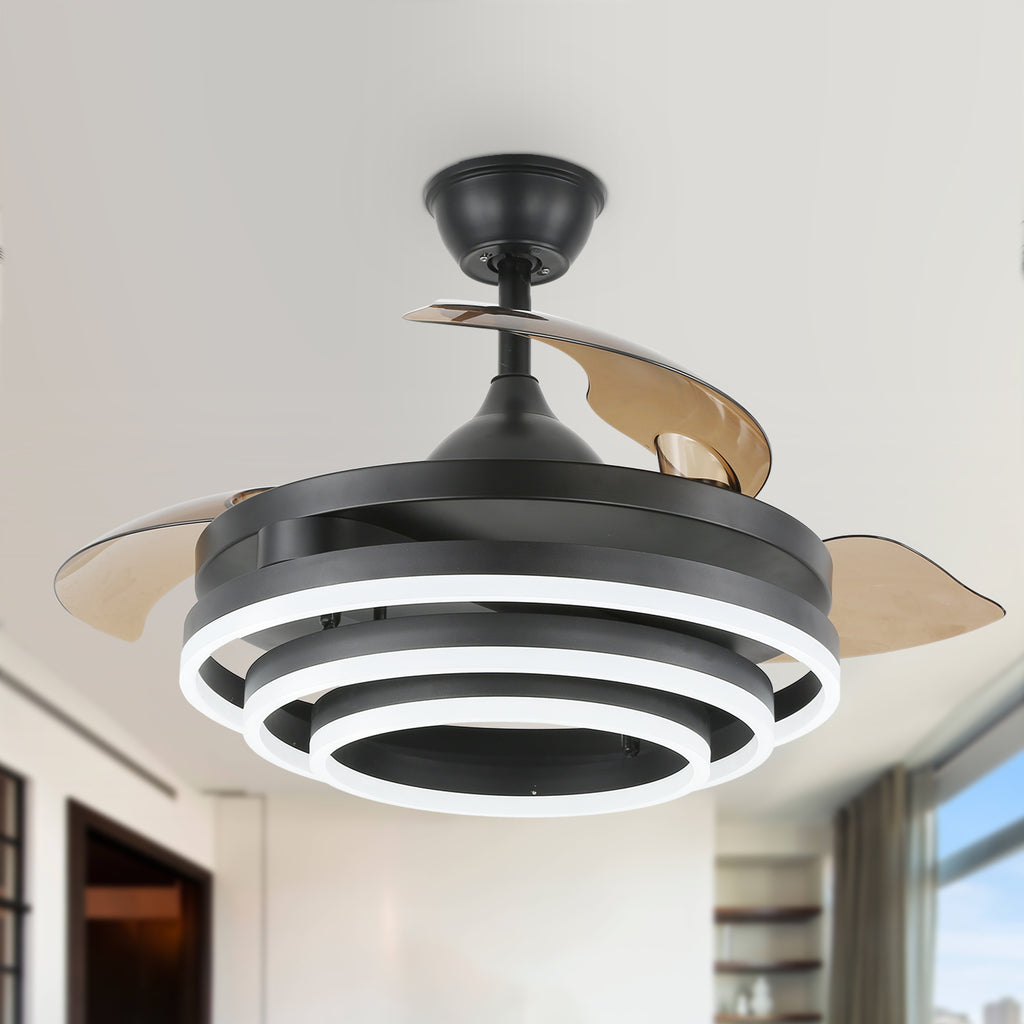 42 Inch Modern Smart Retractable Ceiling Fan with LED Light and Remote, 6 Speeds DC Motor Bladeless Ceiling Fan with DIY Shade
