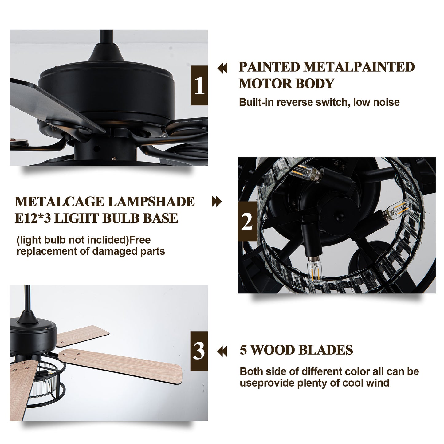 BD2067-52 Inch Luxury Crystal Caged Reversible Black Color Ceiling Fan with Remote and Lights DC Motor 6 Speeds