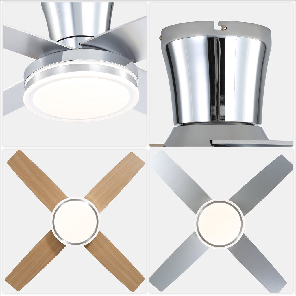 44 Inch Black/Chrome Modern Flush Mount Ceiling Fan with Dimmable LED Lights and Remote, 6 Speeds DC Motor Low Profile Ceiling Fan