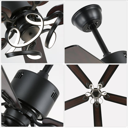 DC5217-52" 5 Wooden Blades Black/Chrome Finish Modern Reversible Ceiling Fan with Remote and Light Kit Included, 6-speed Dimmable Ceiling Fan