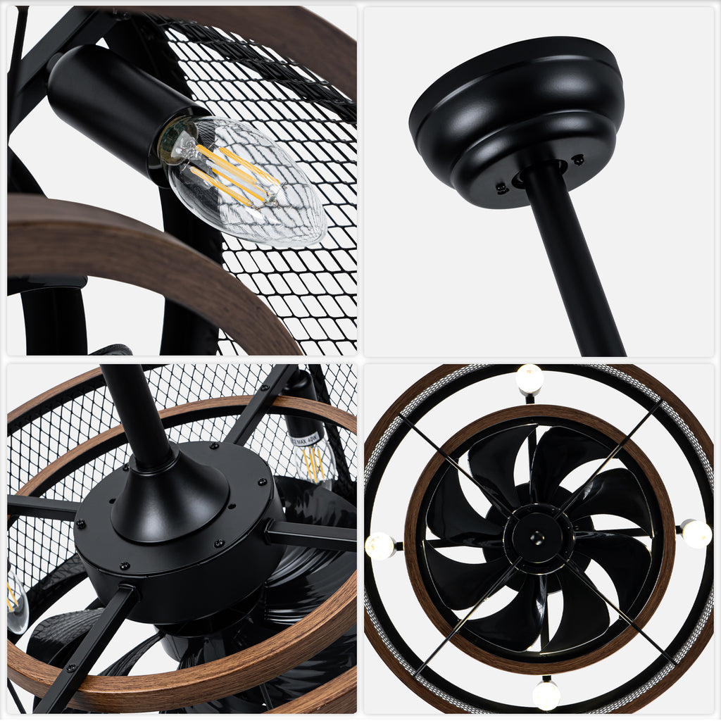 20 Inch Farmhouse Industrial Cage Ceiling Fan with Light and Remote, 6-Speed Reversible DC Motor Fandelier Bladeless Ceiling Fan