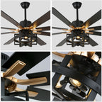 DC6501-BellaDepot 65" 8 Wooden Blades Black/Silver Finish Industrial Caged Reversible Ceiling Fan with Remote and 3 Lights, Large Size 6-speed Ceiling Fan