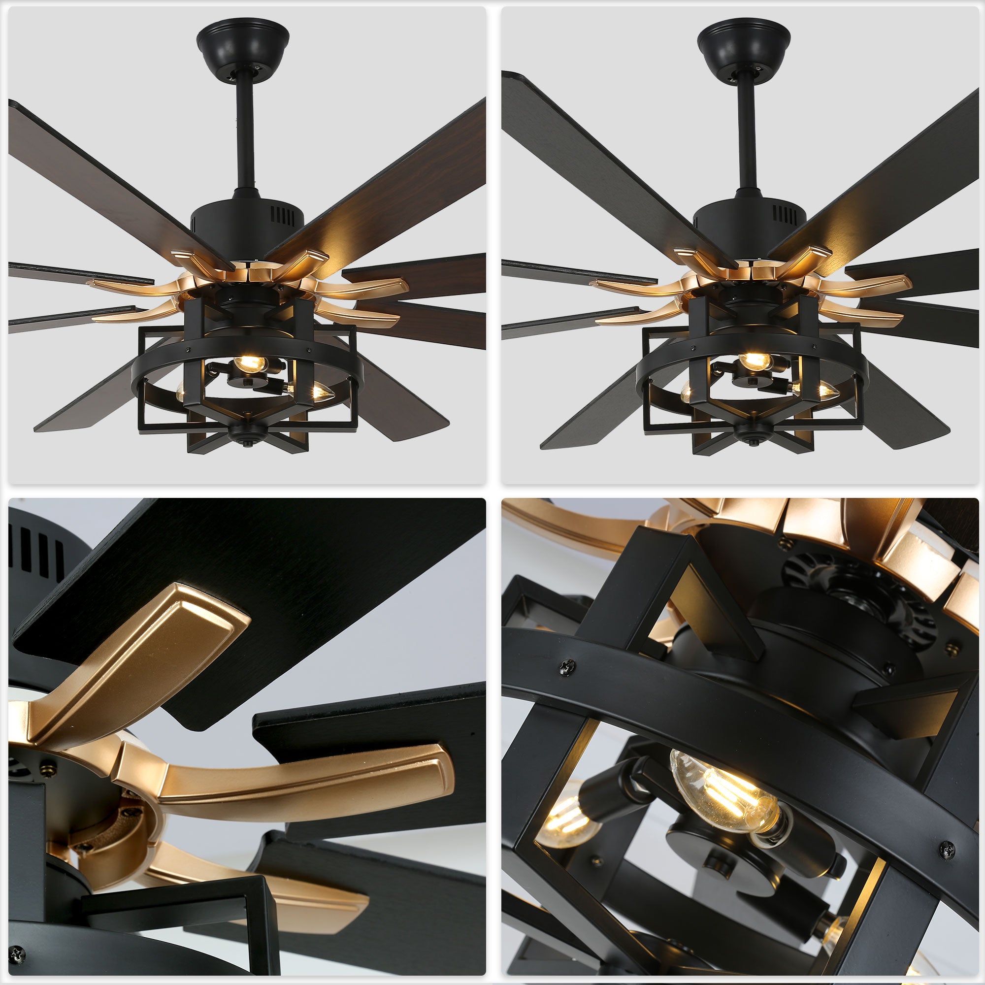 DC6501-BellaDepot 65" 8 Wooden Blades Black/Silver Finish Industrial Caged Reversible Ceiling Fan with Remote and 3 Lights, Large Size 6-speed Ceiling Fan