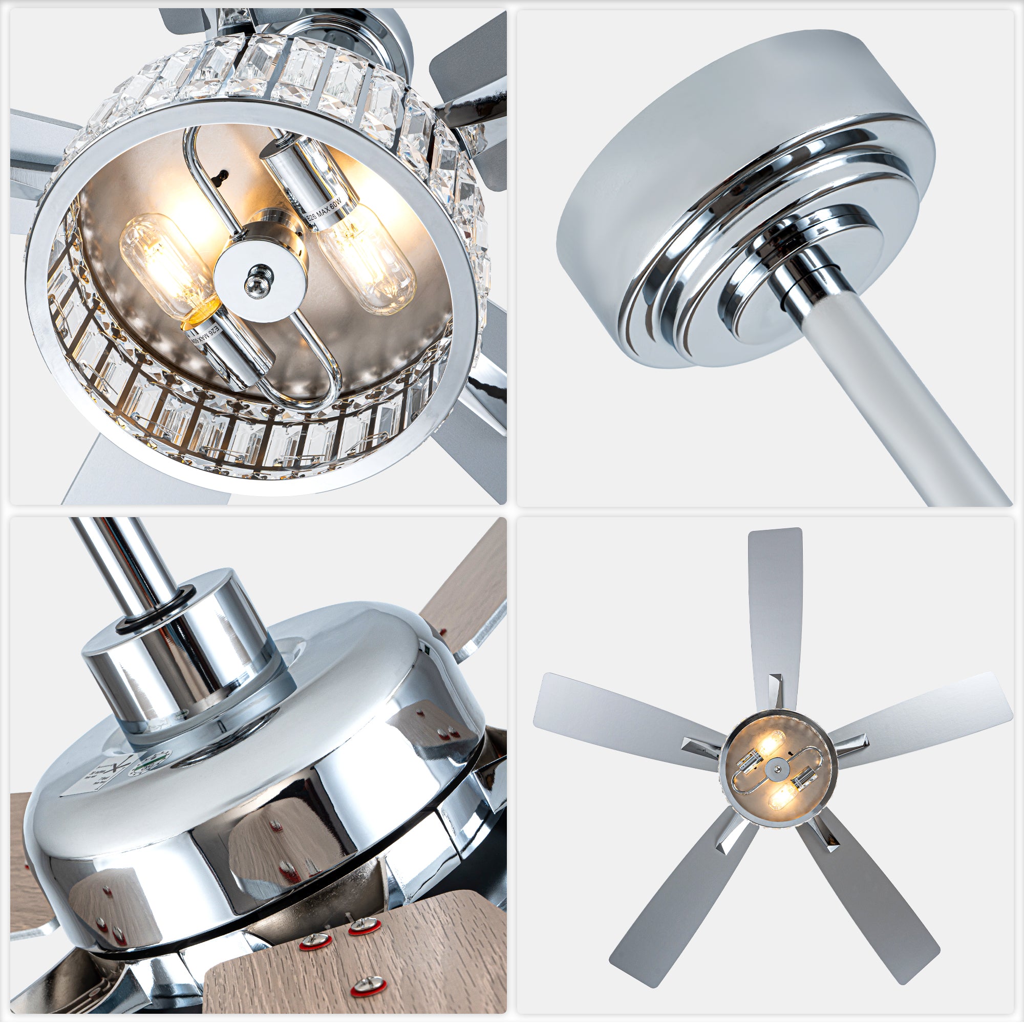 52 Inch Luxury Crystal Caged Chrome Ceiling Fan with Remote, 6-Speed Adjustable, Light Included, Reversible Blades for Living Room & More