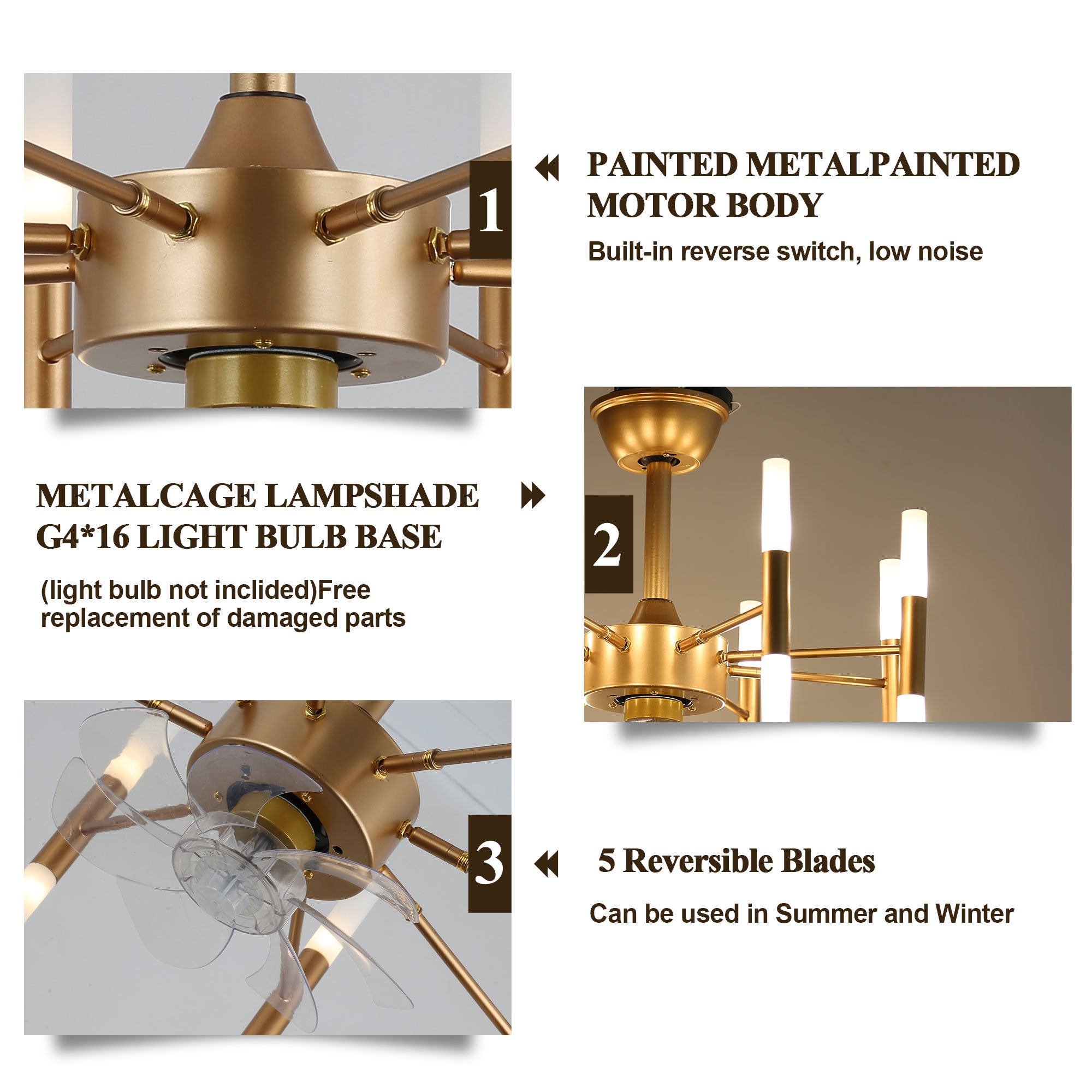23 Inch Gold Modern Bladeless Ceiling Fan with Dimmable Lights and Remote Control, 6 Speeds DC Motor Fandelier Ceiling Fan for Bedroom