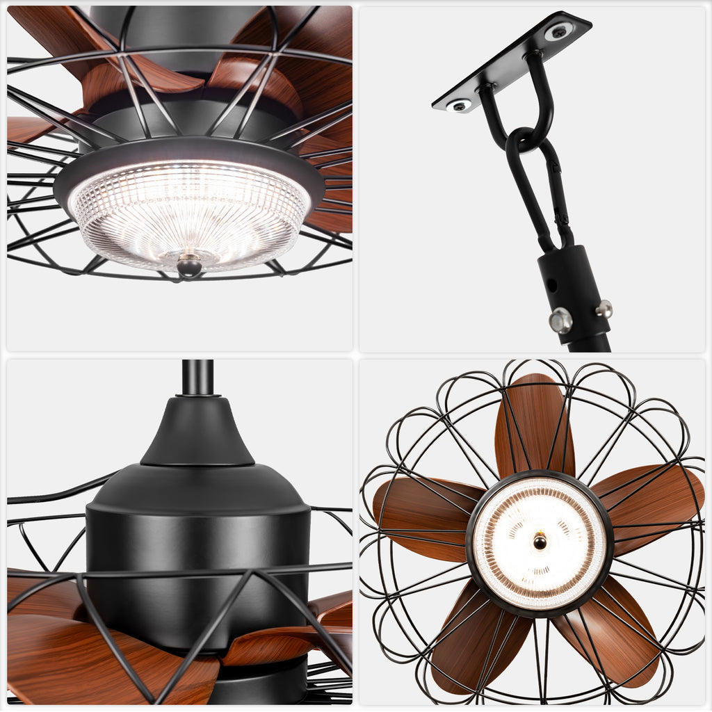 21 Inch Outdoor Caged Ceiling Fan with LED Light and Remote & APP Control, 6-Speed Reversible Modern Waterproof Industrial Ceiling Fan for Patio