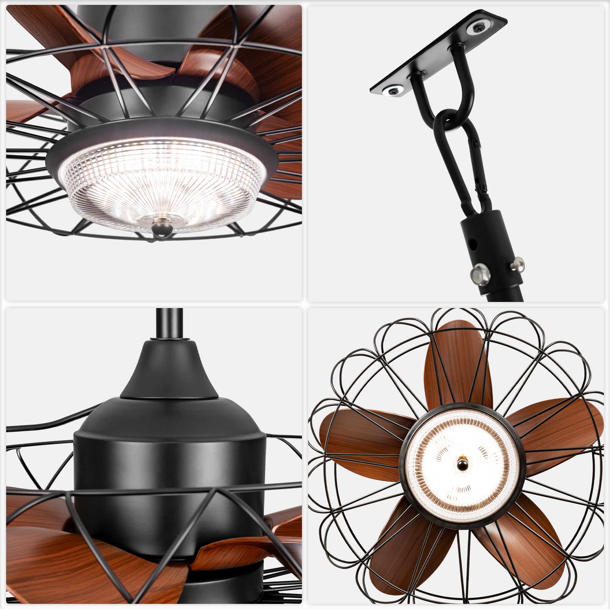 21 Inch Outdoor Caged Ceiling Fan with LED Light and Remote & APP Control, 6-Speed Reversible Modern Waterproof Industrial Ceiling Fan for Patio