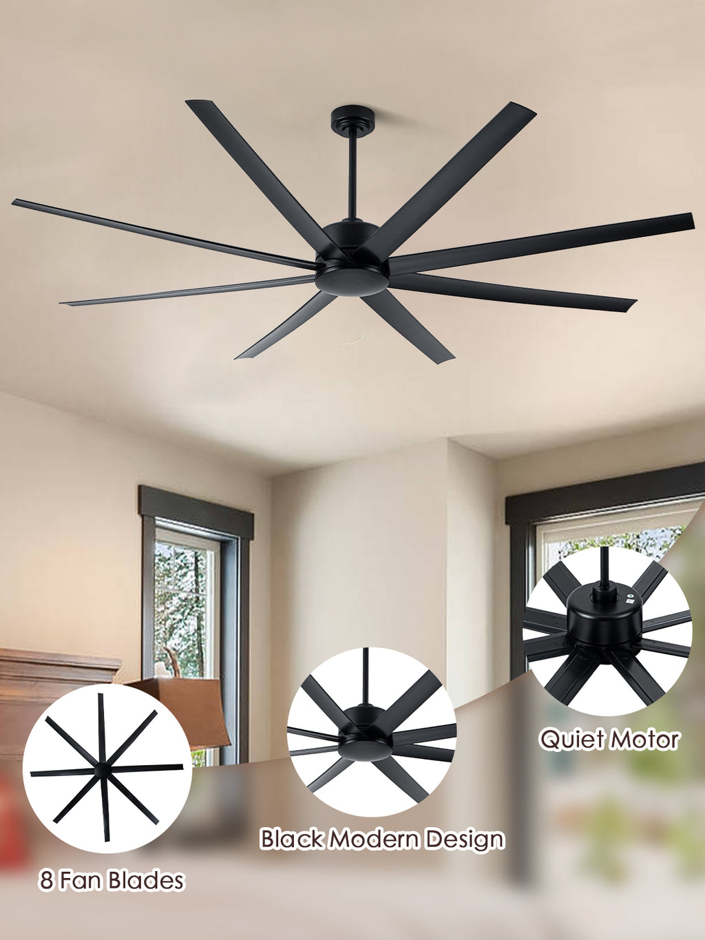84 Inch Black Extra Large Ceiling Fan with Remote, 6 Speeds DC Motor Reversible Industrial Ceiling Fan for Large Room