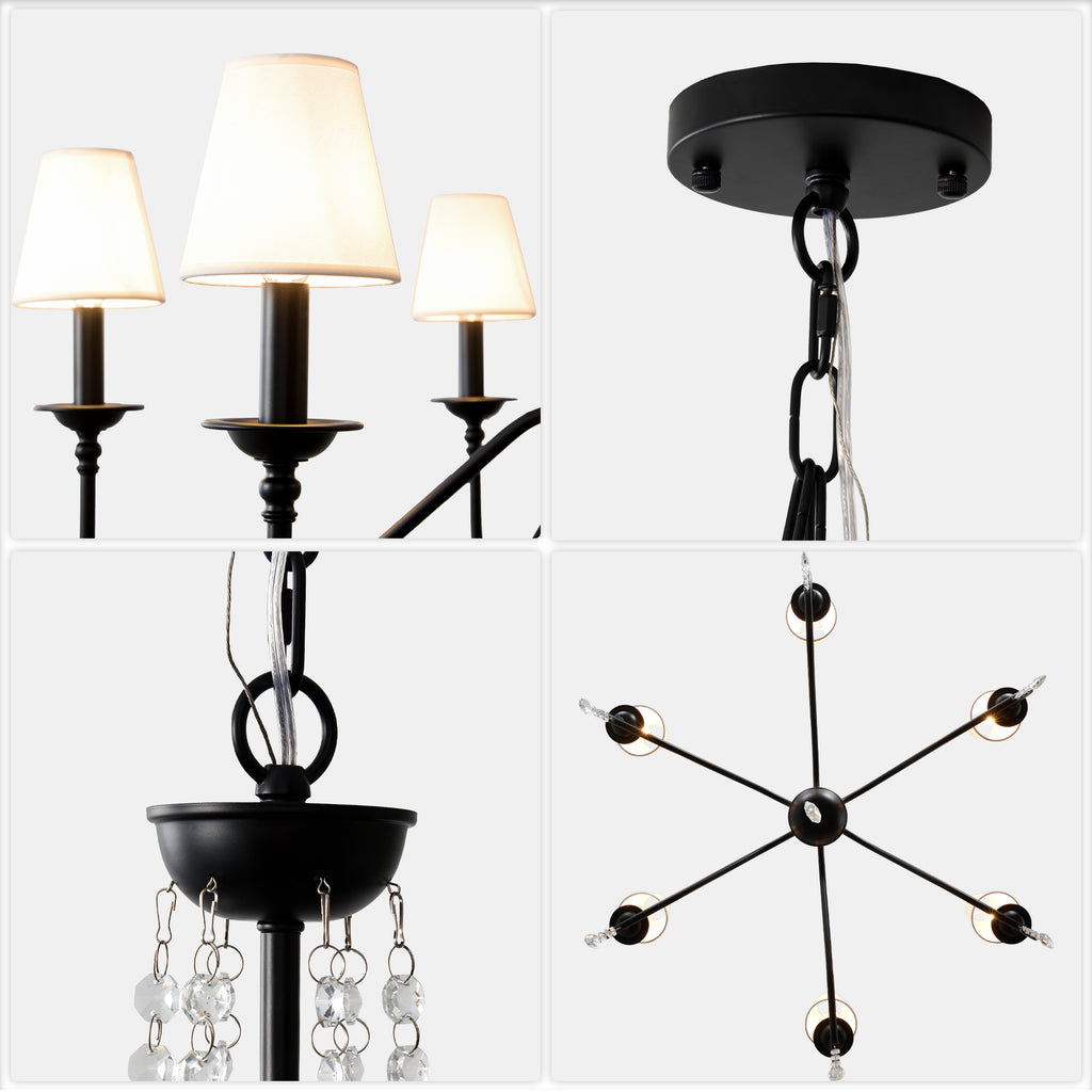 6-Light Classic Crystal Chandelier 34.7 Inch Traditional Chandelier Pendant Light Fixture with Fabric Shade