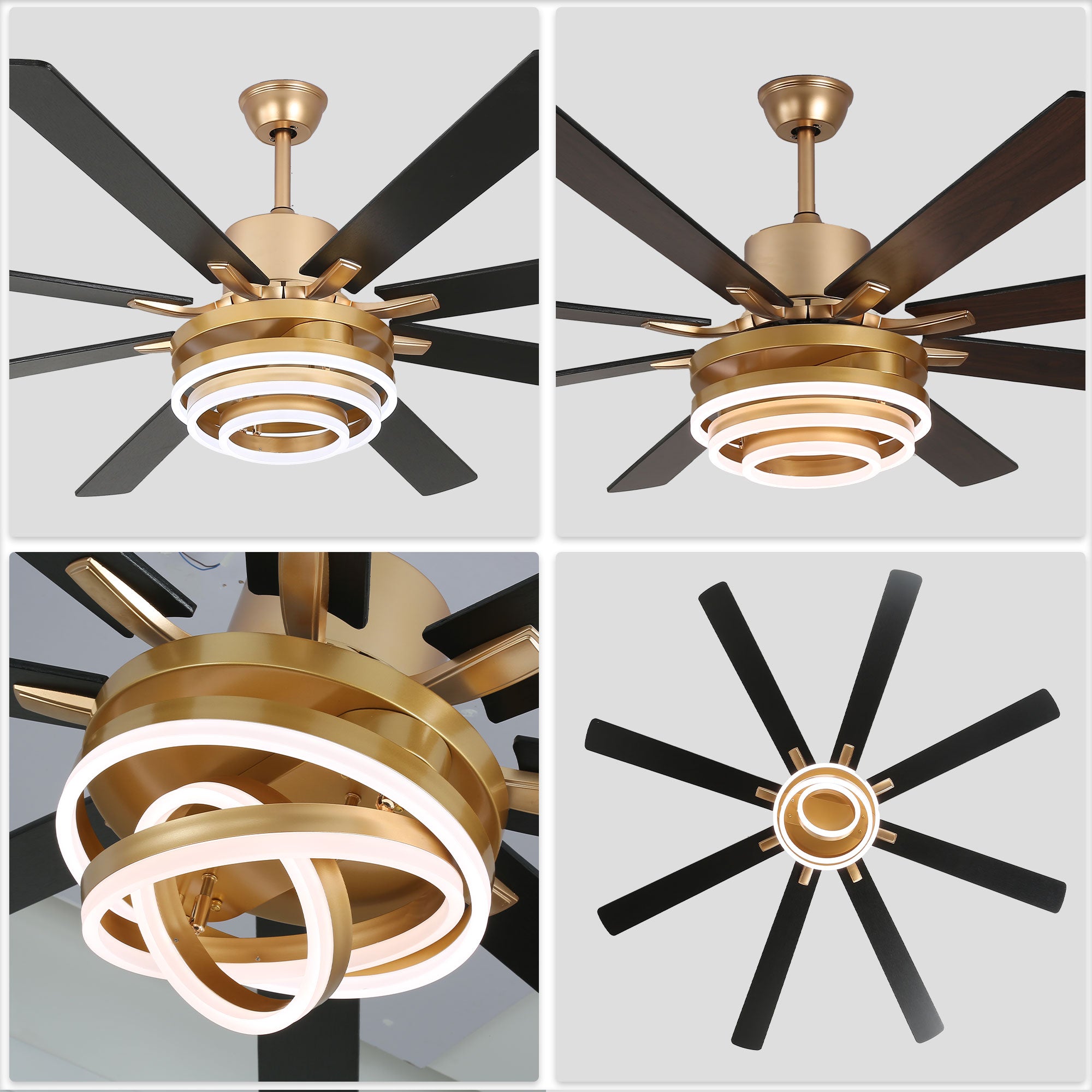 DC7205-BellaDepot 72" 8 Blades Gold/Black/Silver Finish Modern Urban Reversible Ceiling Fan with Remote and LED Light Kit Included, Large Size Dimmable Ceiling Fan