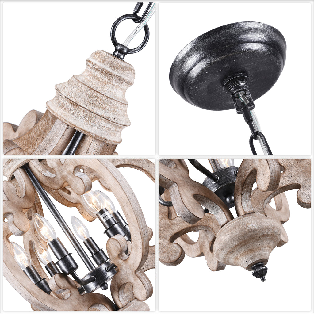 6-Light Distressed Wood French Country Vintage Geometric Chandelier with Adjustable Chain, Farmhouse Solid Wooden Chandelier