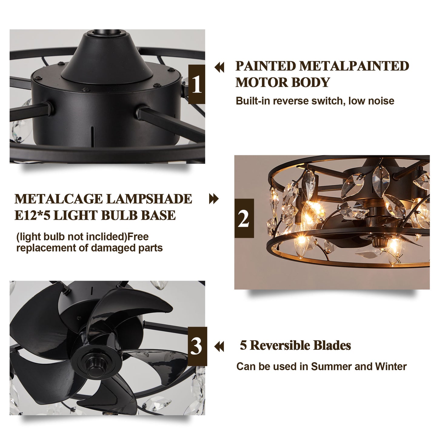 GED003-18" Modern Crystal Reversible Ceiling Fan Dimmable with Remote and Light Kit Included