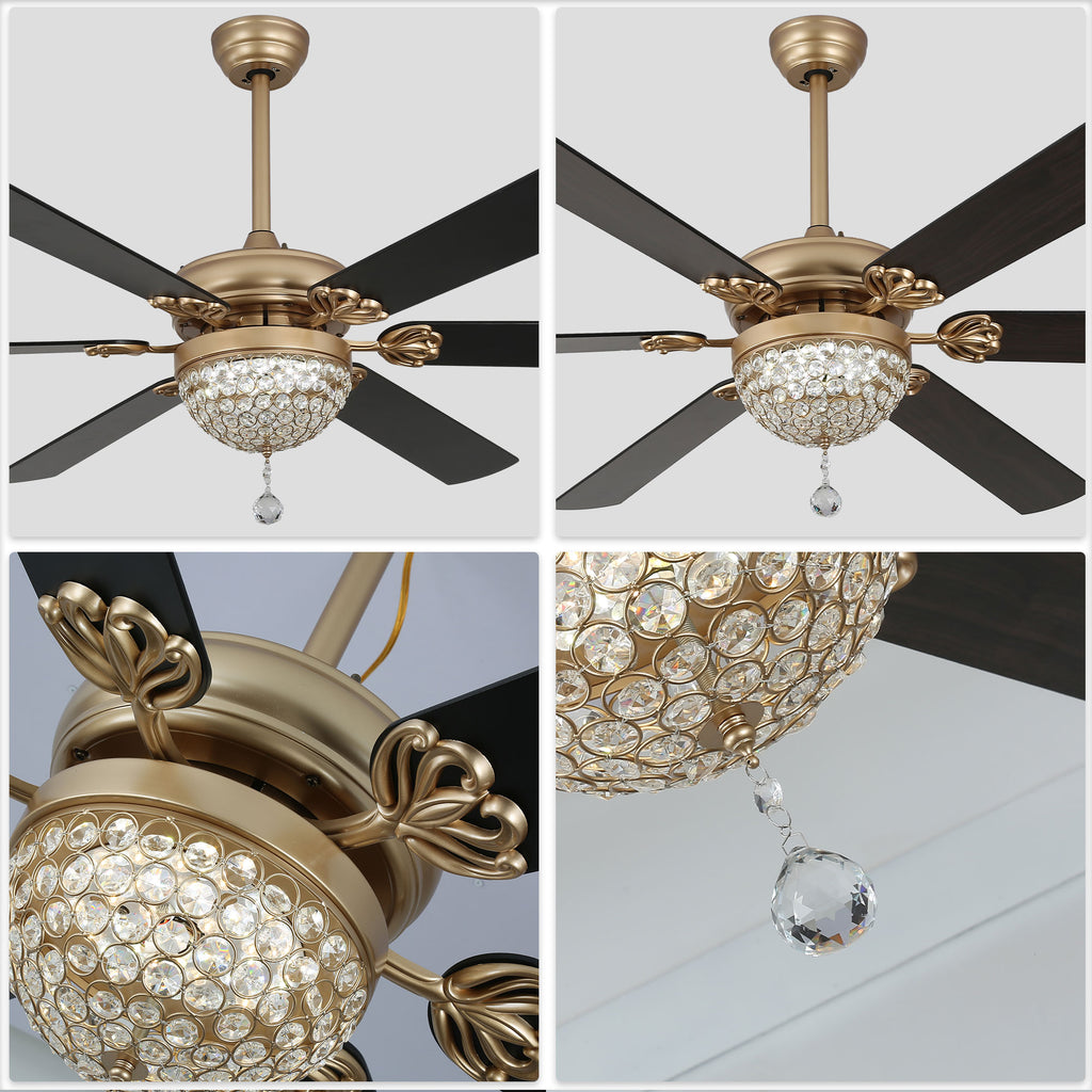 65 Inch Black/Chrome Modern Glam Crystal Ceiling Fan with Dimmable LED Light and Remote, 6 Speeds DC Motor Ceiling Fan with Crystals