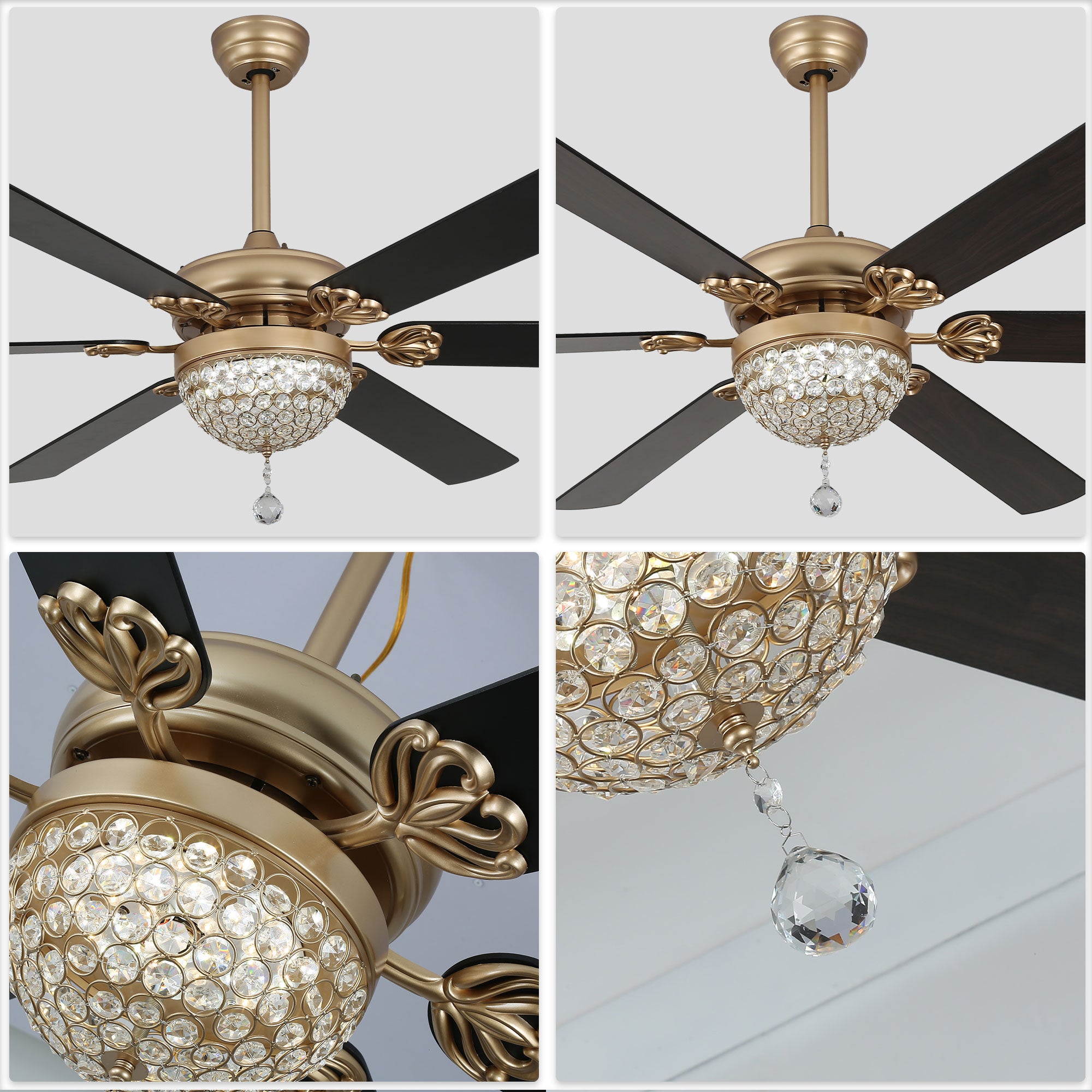 65 Inch Black/Chrome Modern Glam Crystal Ceiling Fan with Dimmable LED Light and Remote, 6 Speeds DC Motor Ceiling Fan with Crystals