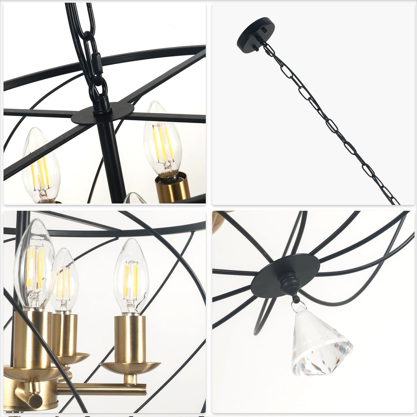 FC4087-Ironwork Geometric Linear Metal Caged Chandelier, with Light Kit and Adjustable Chain