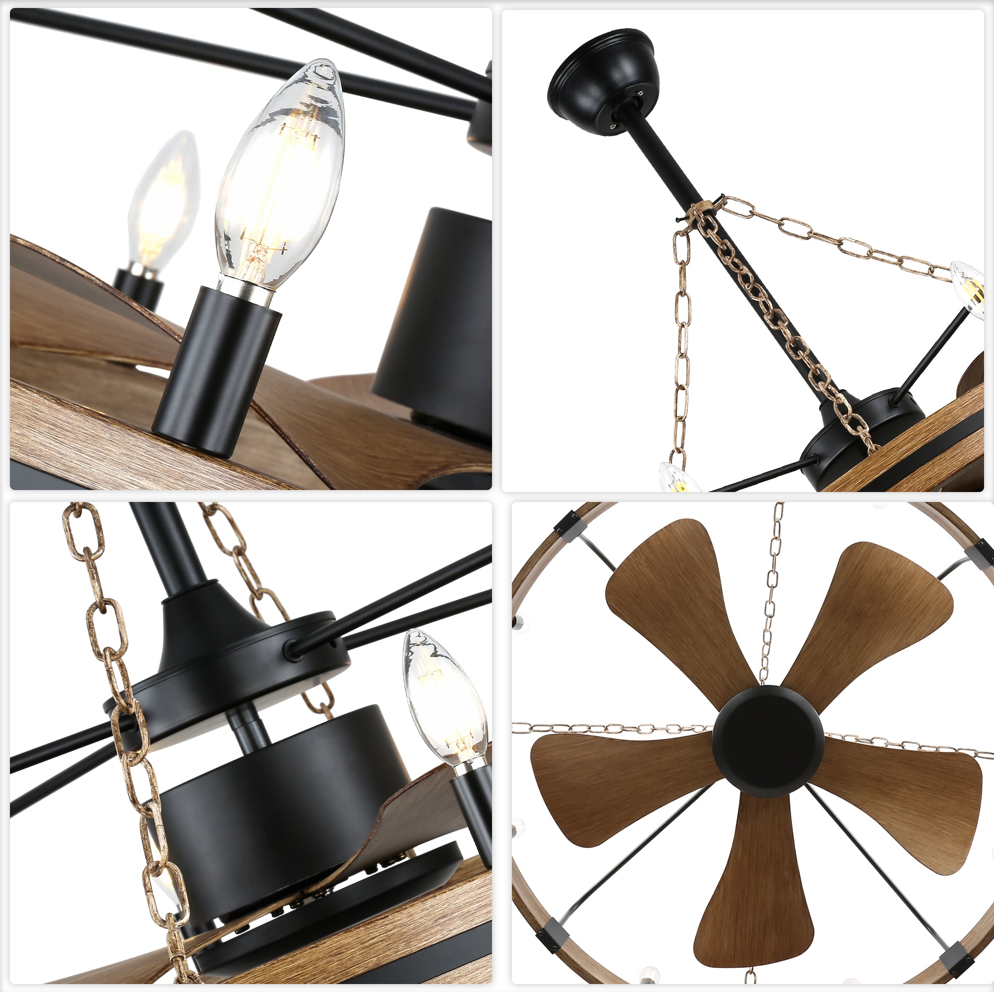 36 Inch Farmhouse Wagon Wheel Ceiling Fan with Lights and Remote Control, 6 Speeds DC Motor Bladeless Fandelier Ceiling Fan