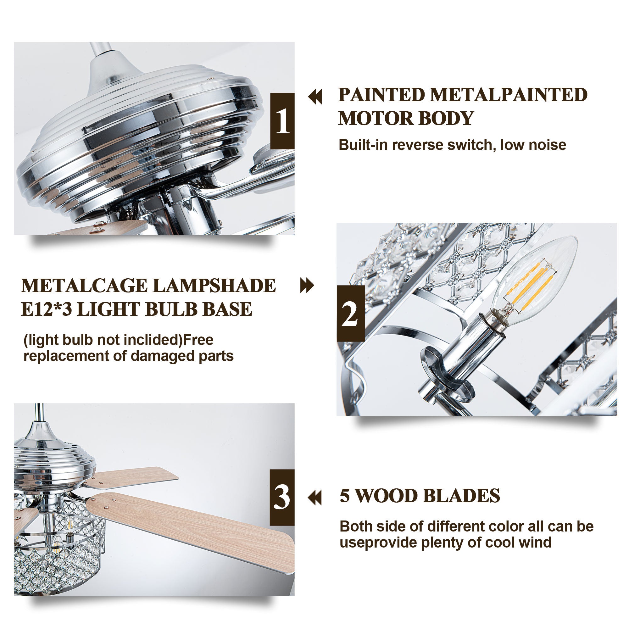 BD2070-BellaDepot 52" Silver Crystal Caged Reversible Ceiling Fan with Remote and 3 Lights, DC Motor Ceiling Fan