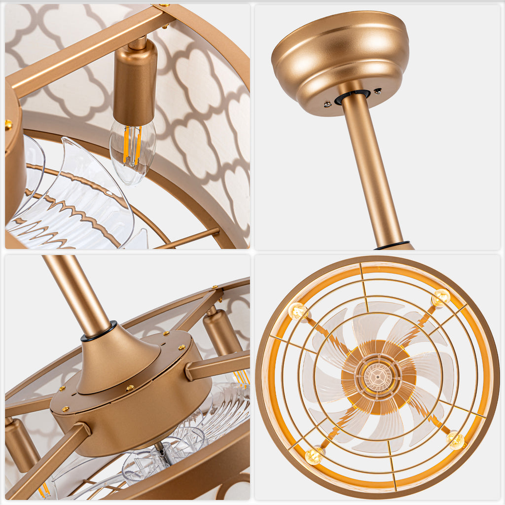 18 Inch Gold Drum Caged Ceiling Fan with Lights and Remote, 6 Speeds DC Motor Reversible Bladeless Fandelier Ceiling Fan