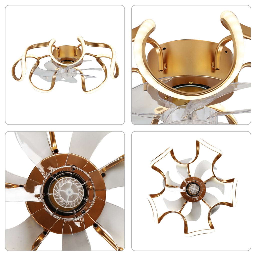 20 Inch Gold/Brown Irregular Flush Mount Ceiling Fan with LED Light and Remote, 6 Speeds DC Motor Reversible Bladeless Ceiling Fan
