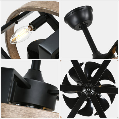 BD1811-BR-BellaDepot 18.5" Industrial Wood Grain Reversible Caged Ceiling Fan with Remote and 6 Lights