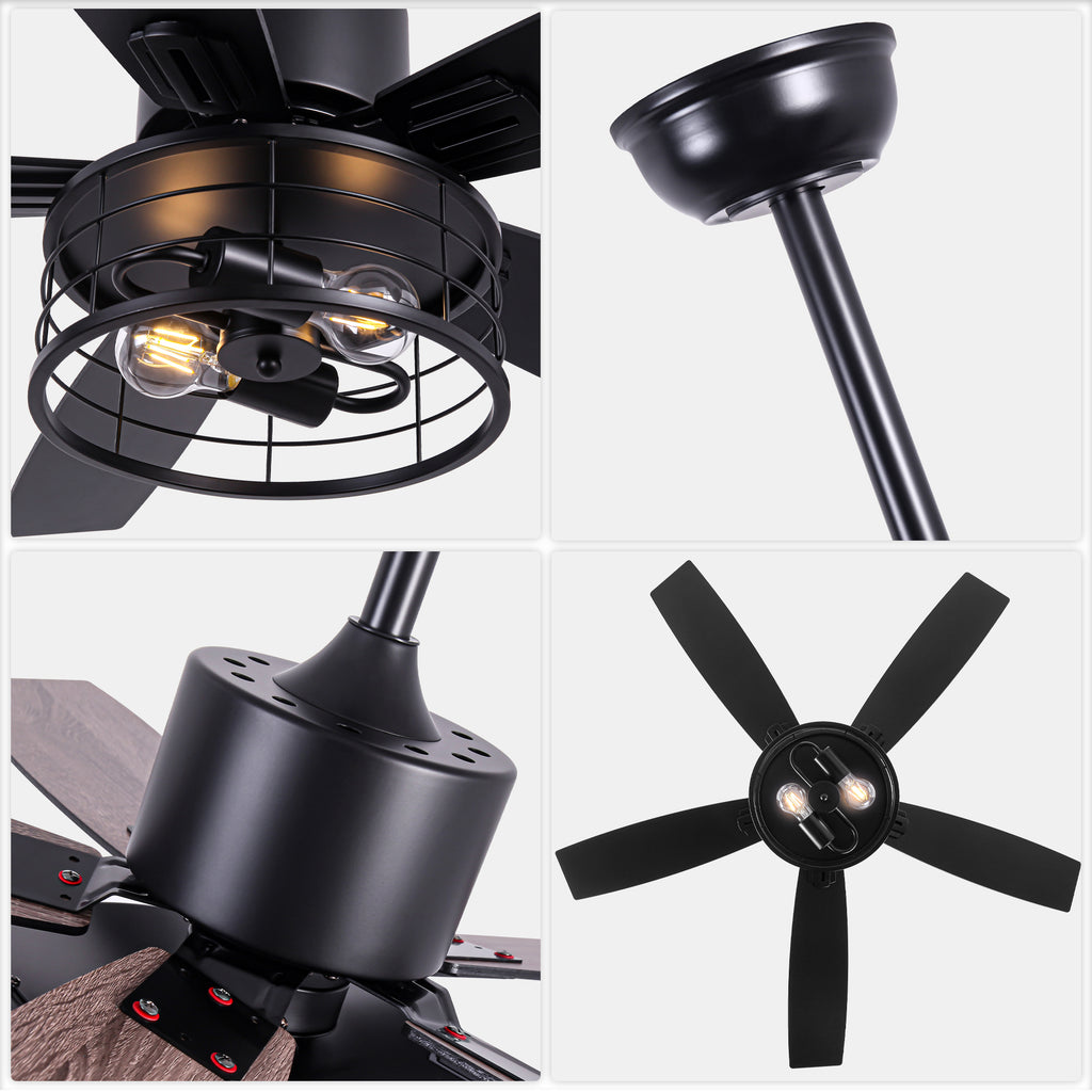 46 Inch 5-Blade Black Industrial Ceiling Fan with Lights and Remote Control, 6 Speeds DC Motor Caged Ceiling Fan for Living Room