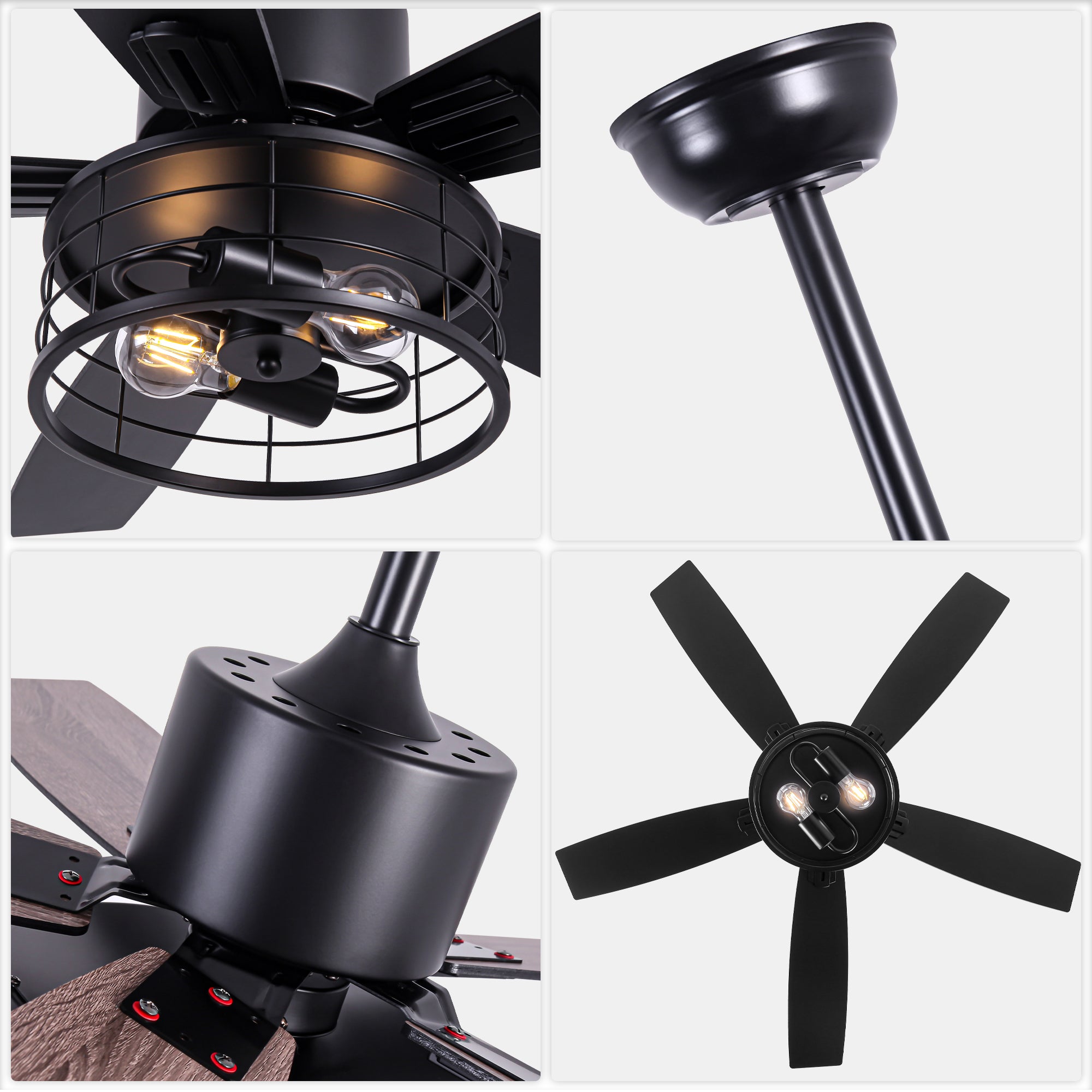 46 Inch 5-Blade Black Industrial Ceiling Fan with Lights and Remote Control, 6 Speeds DC Motor Caged Ceiling Fan for Living Room