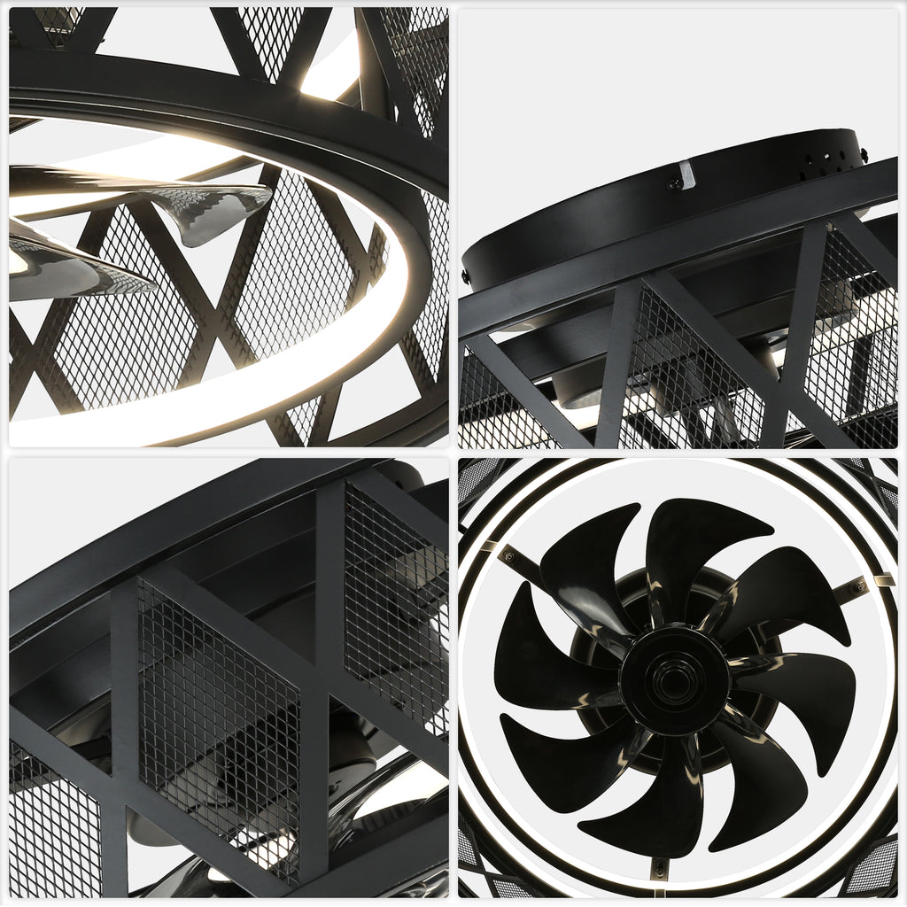 19 Inch Black Industrial Flush Mount Ceiling Fan with Dimmable LED Light, 6 Speed Reversible DC Motor, Low Profile Bladeless Ceiling Fan with Remote and APP Control