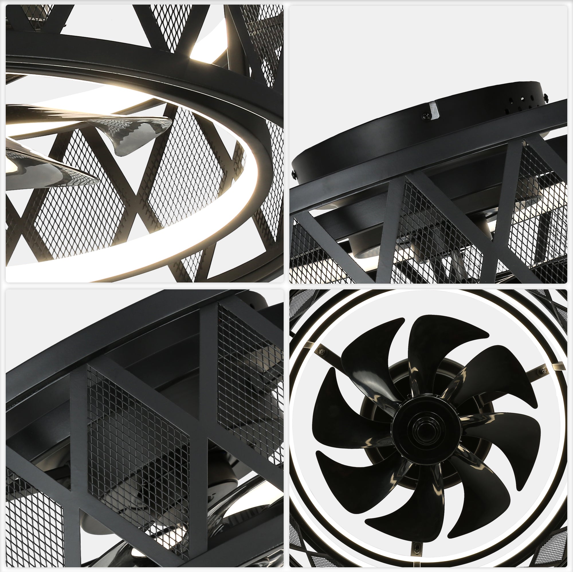 19 Inch Black Industrial Flush Mount Ceiling Fan with Dimmable LED Light, 6 Speed Reversible DC Motor, Low Profile Bladeless Ceiling Fan with Remote and APP Control
