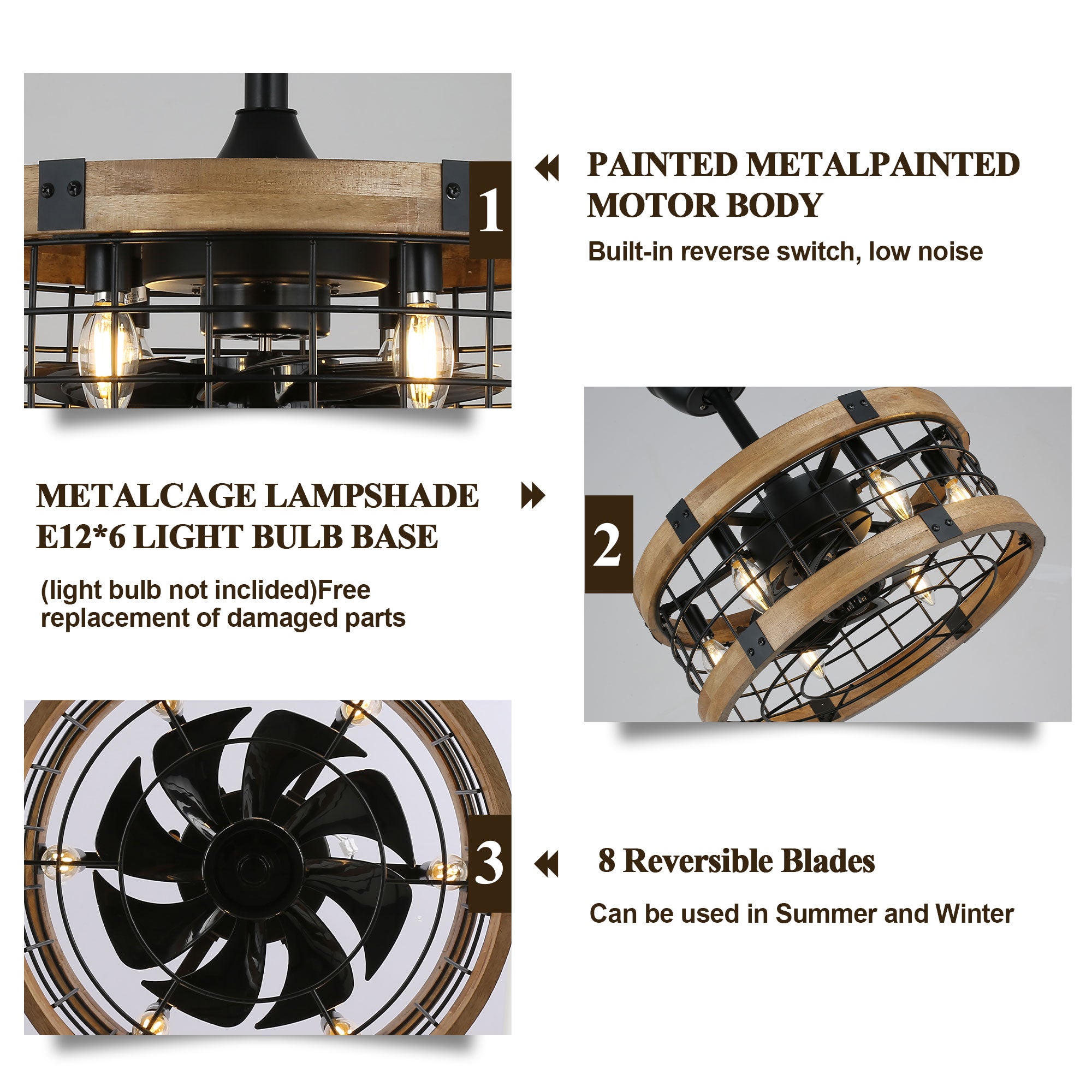 BD1812-BellaDepot 17.7" Cottage Metal Caged Reversible Ceiling Fan with Remote and 6 Lights, Wooden Ceiling Fan