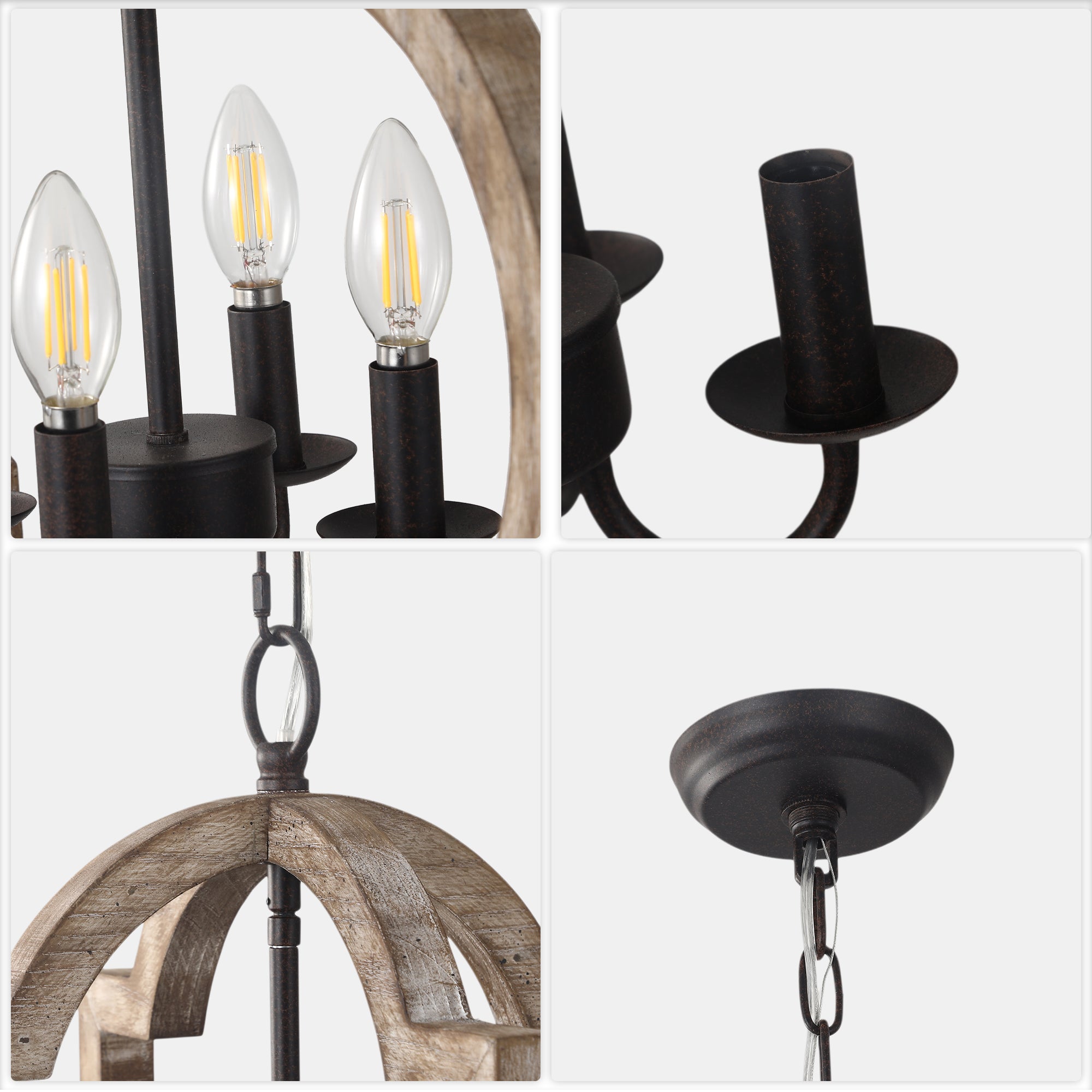 Vintage Farmhouse 22 Inch Chandelier Adjustable Height 4 Light Caged Chandelier Retro Handmade Wooden Pendant Light Suit for Living Rooms, Bedrooms, Kitchens