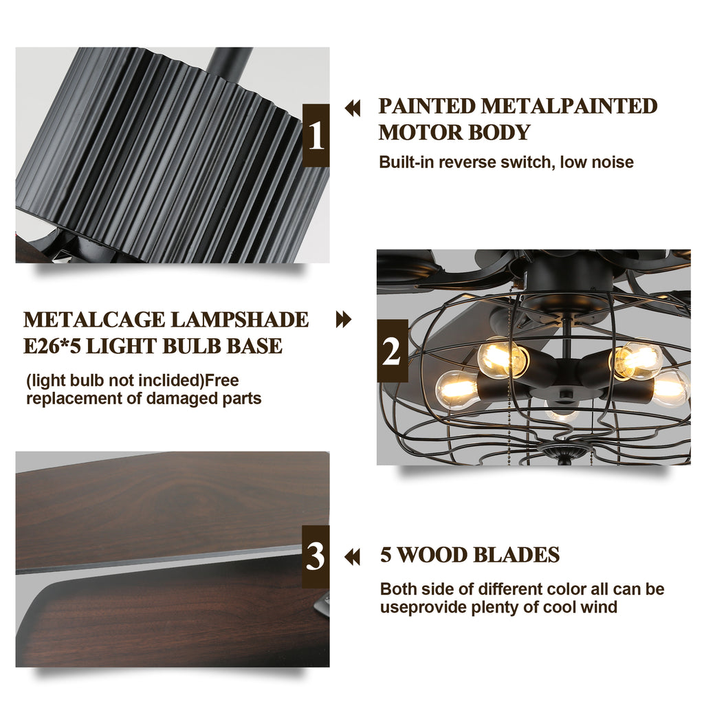 52 Inch Black Industrial Caged Ceiling Fan with Lights and Remote, 3-Speed Reversible Ceiling Fan for Large Room