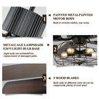 52 Inch Black Industrial Caged Ceiling Fan with Lights and Remote, 3-Speed Reversible Ceiling Fan for Large Room