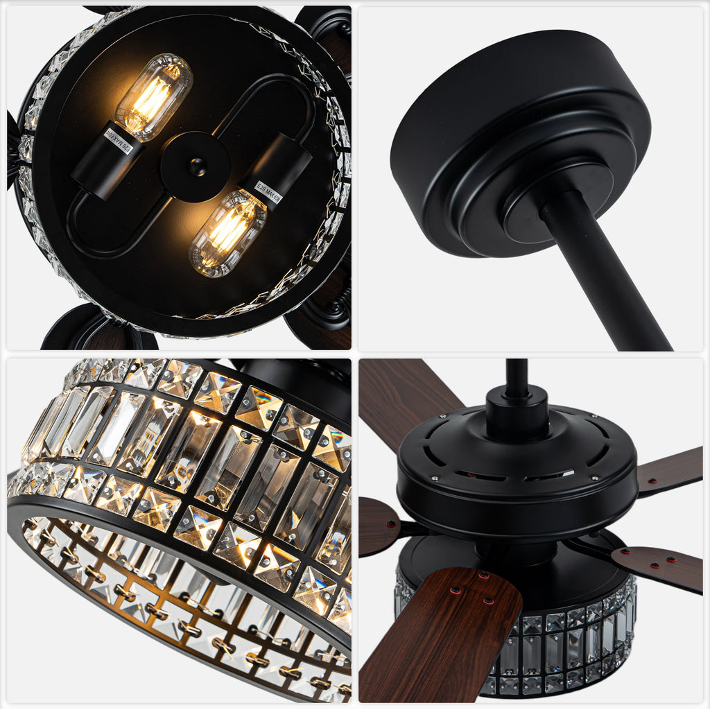 Luxury 52 Inch Crystal Caged Ceiling Fan with Light Reversible Wood Blades Quiet DC Motor Ceiling Fan Remote Control Timing Ceiling Fan Suit for Living Room, Kitchen, Bedroom