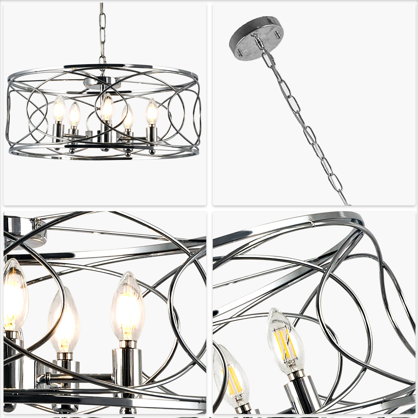 FC4078-Black/Silver Simple Linear Metal Caged Chandelier, Geometric Pendant Light, with Light Kit and Adjustable Chain