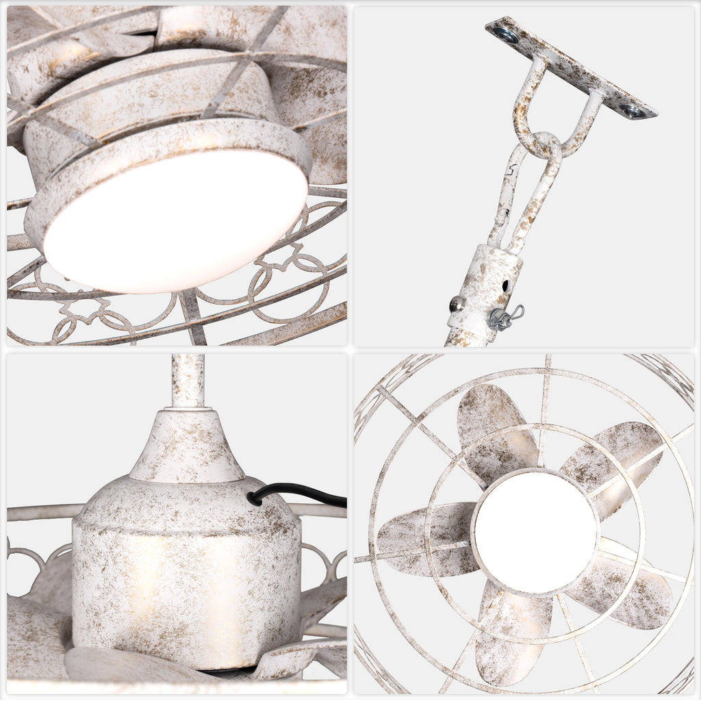 24 Inch Distressed White Outdoor Caged Ceiling Fan with LED Lights and Remote, 6 Speeds DC Motor Farmhouse Fandelier  Waterproof Ceiling Fan