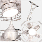 24 Inch Distressed White Outdoor Caged Ceiling Fan with LED Lights and Remote, 6 Speeds DC Motor Farmhouse Fandelier  Waterproof Ceiling Fan