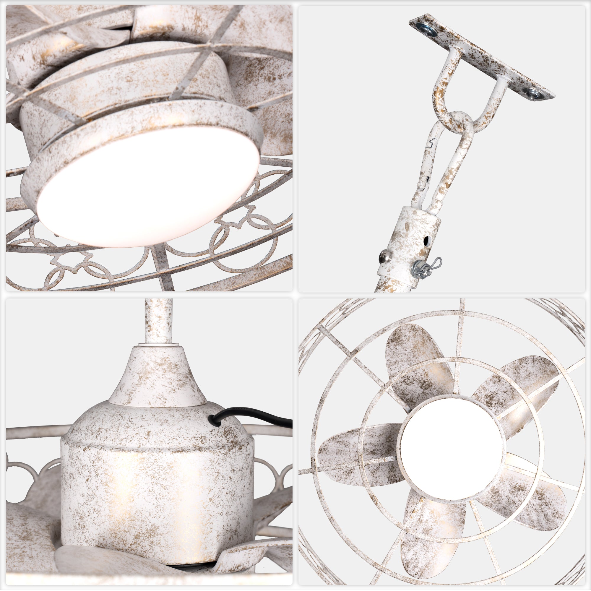 24 Inch Distressed White Outdoor Caged Ceiling Fan with LED Lights and Remote, 6 Speeds DC Motor Farmhouse Fandelier  Waterproof Ceiling Fan