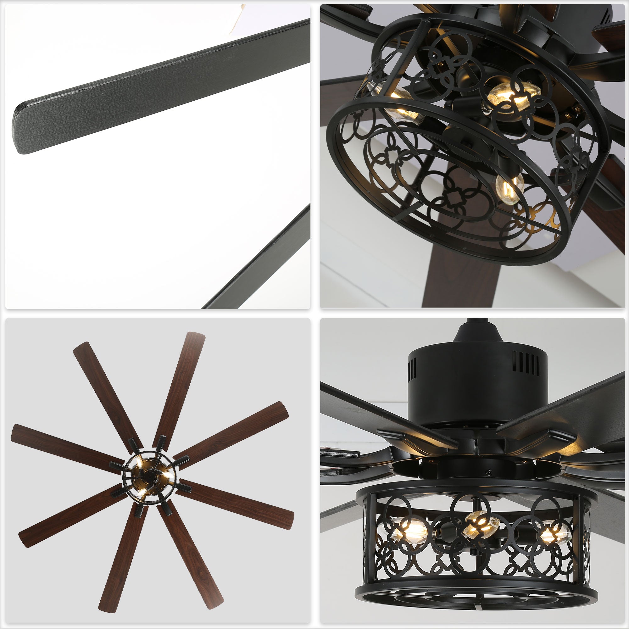 DC7201-72" 8 Wooden Blades White/Black Farmhouse Reversible Ceiling Fan with Remote and 3 Lights, Large Size Ceiling Fan