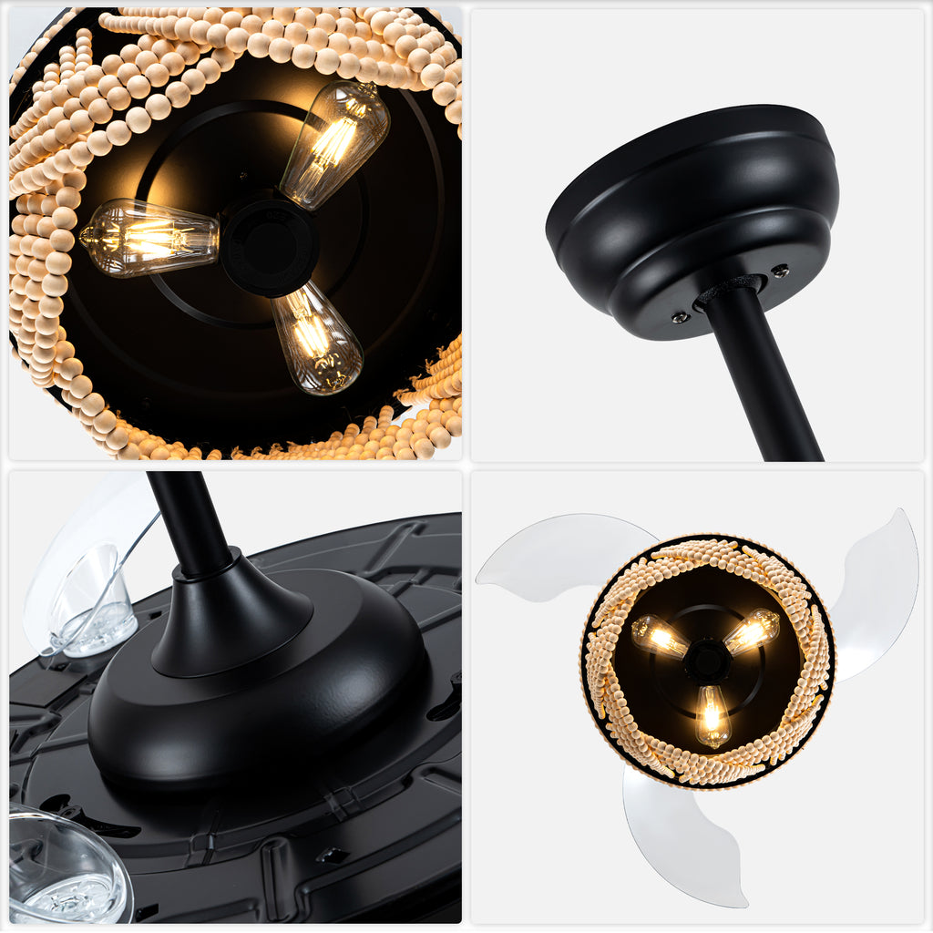 42 Inch Black Bohemian Retractable Ceiling Fan with Lights and Remote, 6 Speeds DC Motor Bladeless Fandelier Ceiling Fan with Wood Beaded Shade