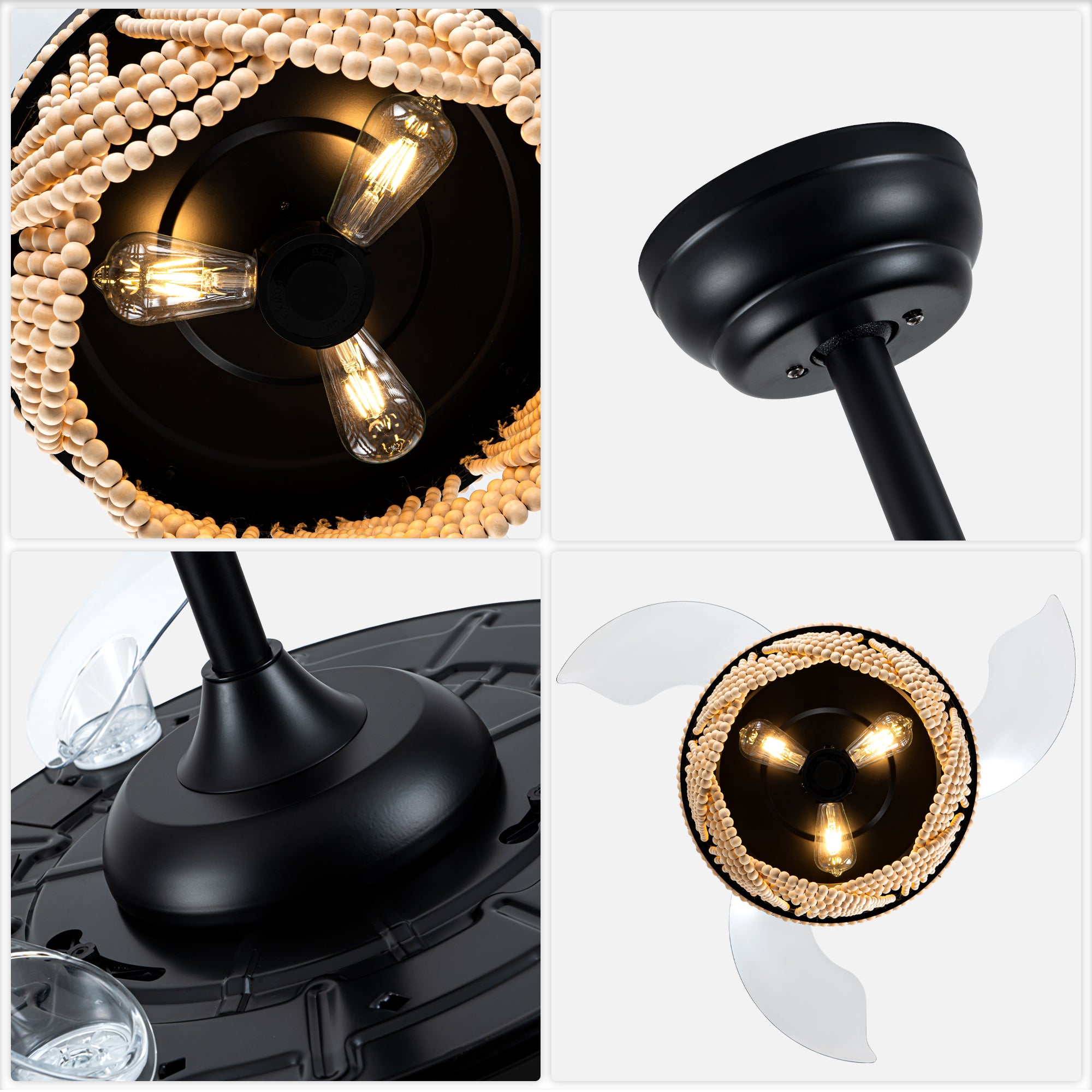 42 Inch Black Bohemian Retractable Ceiling Fan with Lights and Remote, 6 Speeds DC Motor Bladeless Fandelier Ceiling Fan with Wood Beaded Shade