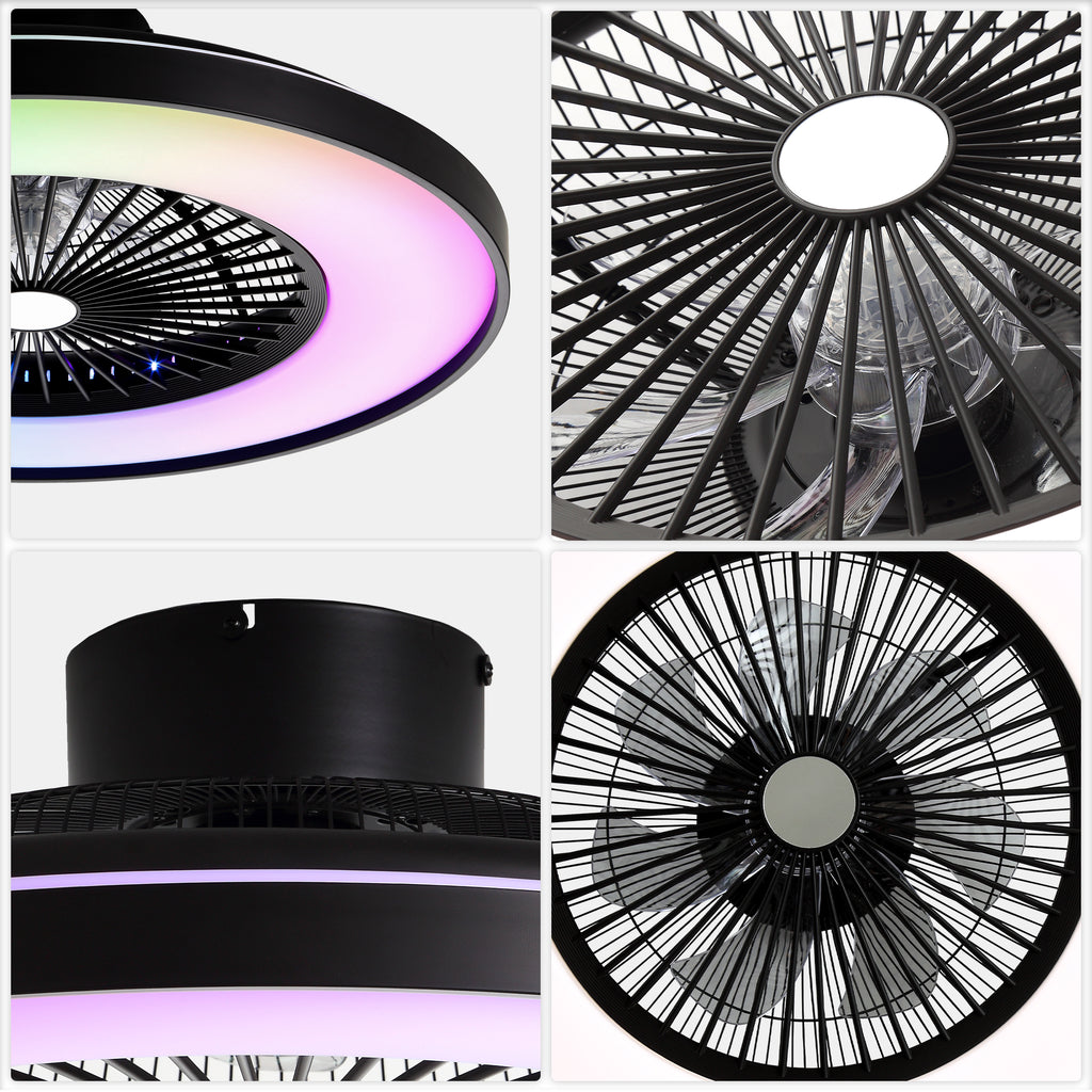 23 Inch Modern Smart Bladeless Ceiling Fan with Dimmable RGB LED Light and Remote,6 Speeds Flush Mount Ceiling Fan for Bedroom