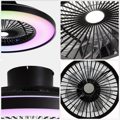 HWJ2310-23" RGB Flush Mount Smart Ceiling Fan with Remote Control, Bedroom Fan Lights with 6 Wind Speeds