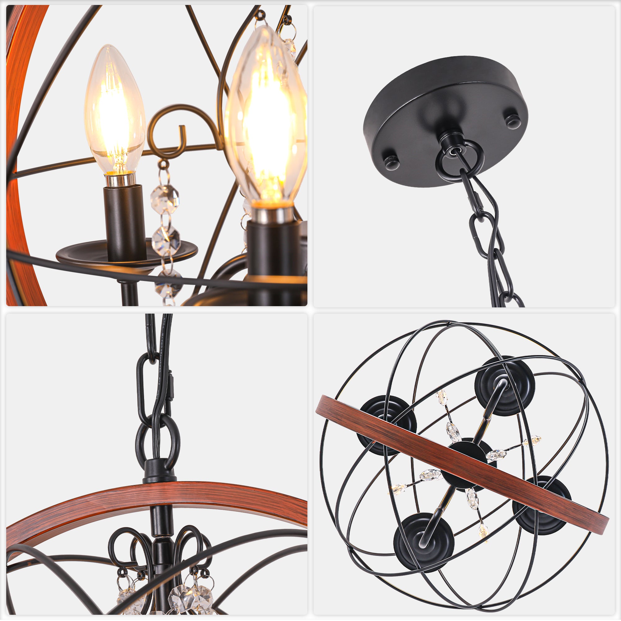 4-Light Crystal Sphere Chandelier, 16.5" Orb Globe Chandelier with Wood Grain Ring, Modern Crystal Chandeliers for Entryway