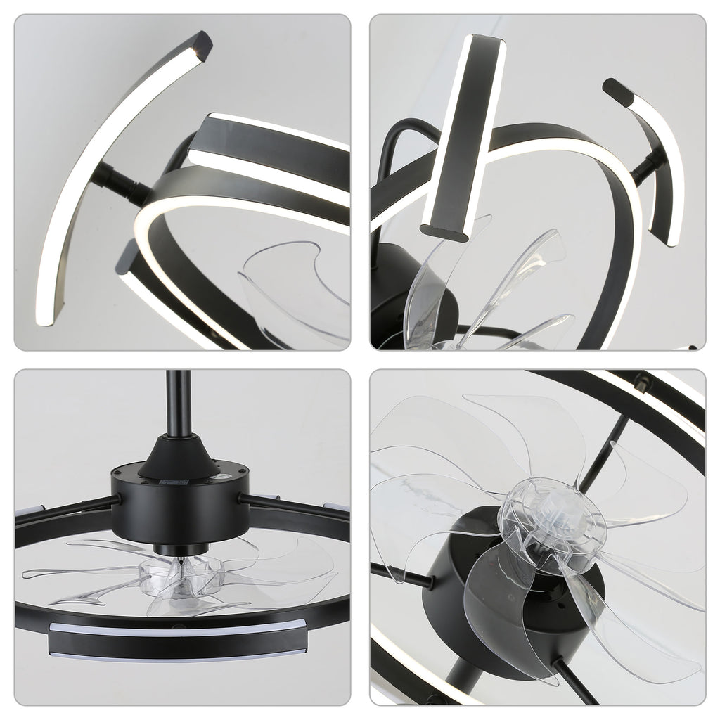 24 Inch Black Modern Smart Ceiling Fan with Dimmable LED Light and Remote, 6 Speeds DC Motor Reversible Bladeless Ceiling Fan with DIY Shape