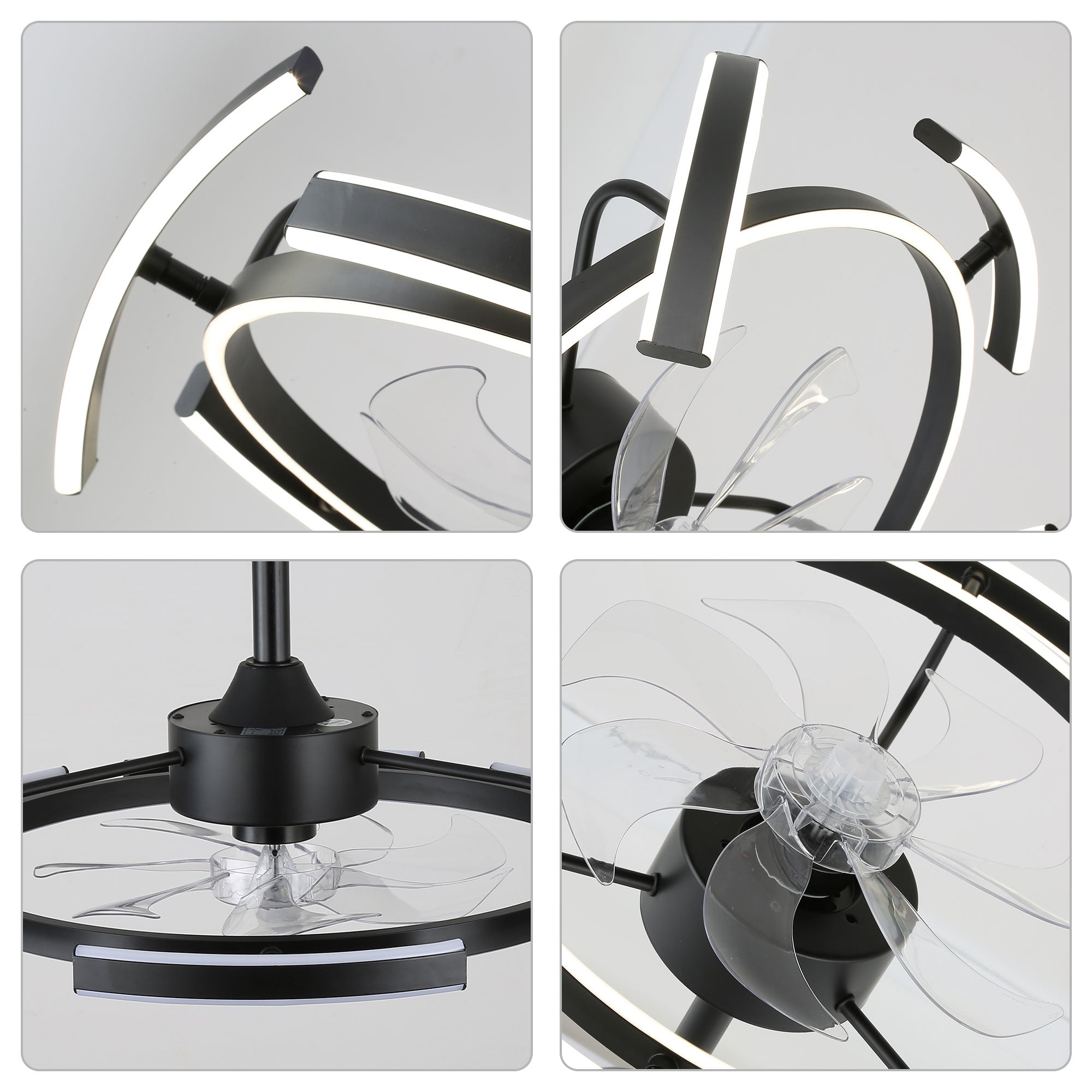 24 Inch Black Modern Smart Ceiling Fan with Dimmable LED Light and Remote, 6 Speeds DC Motor Reversible Bladeless Ceiling Fan with DIY Shape
