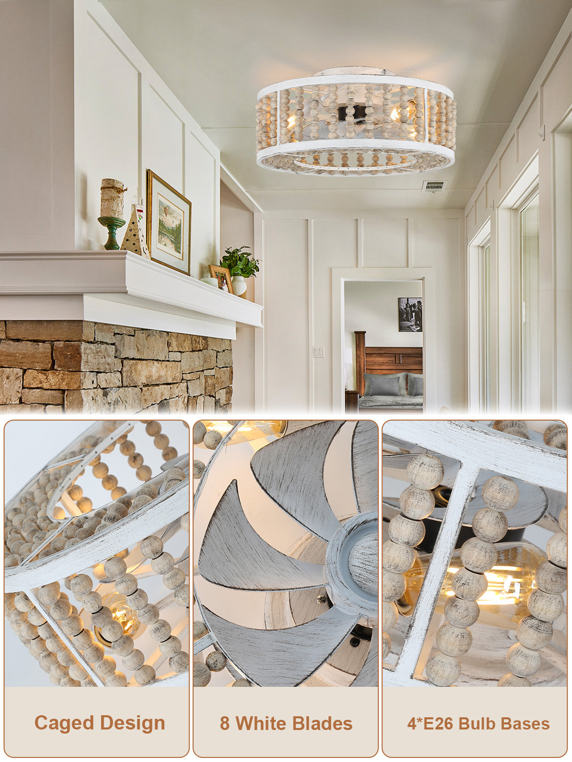 20 Inch Boho Flush Mount Ceiling Fan with Lights and Remote,3 Speeds Reversible Bladeless Low Profile Ceiling Fan for Bedroom